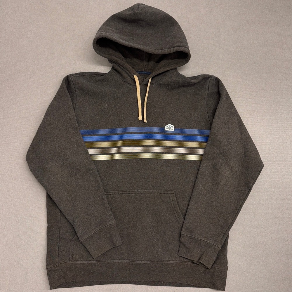 Patagonia Mens Large Grey Stripe Graphic Pullover Hoodie Sweatshirt Charcoal